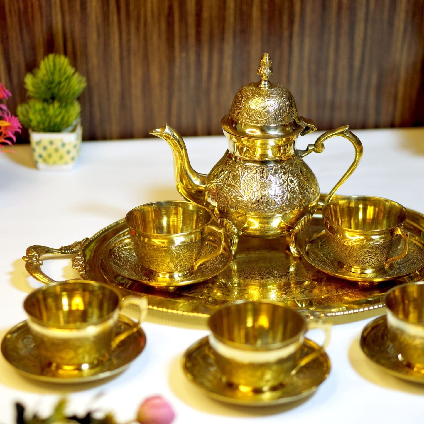 Brass Etched 14Pc Tea Kettle Set