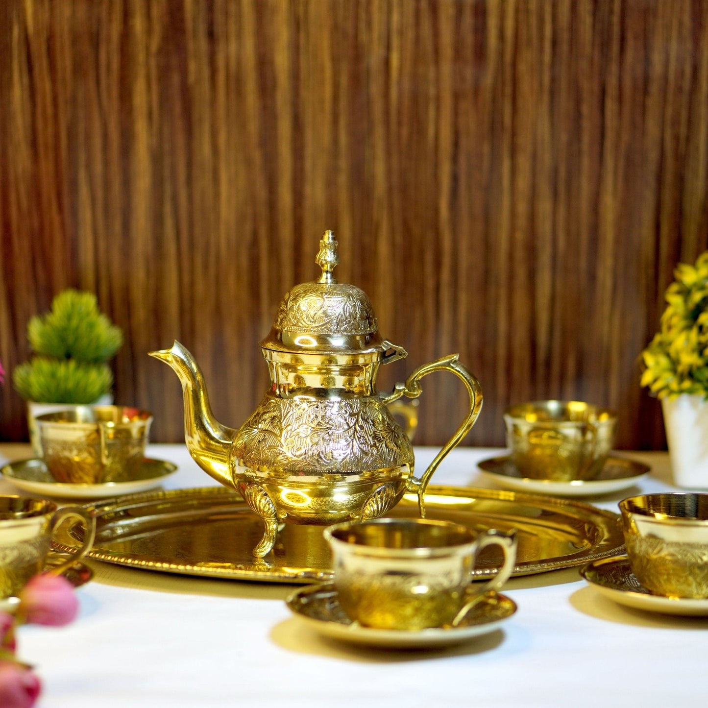 Brass Etched 14Pc Tea Kettle Set