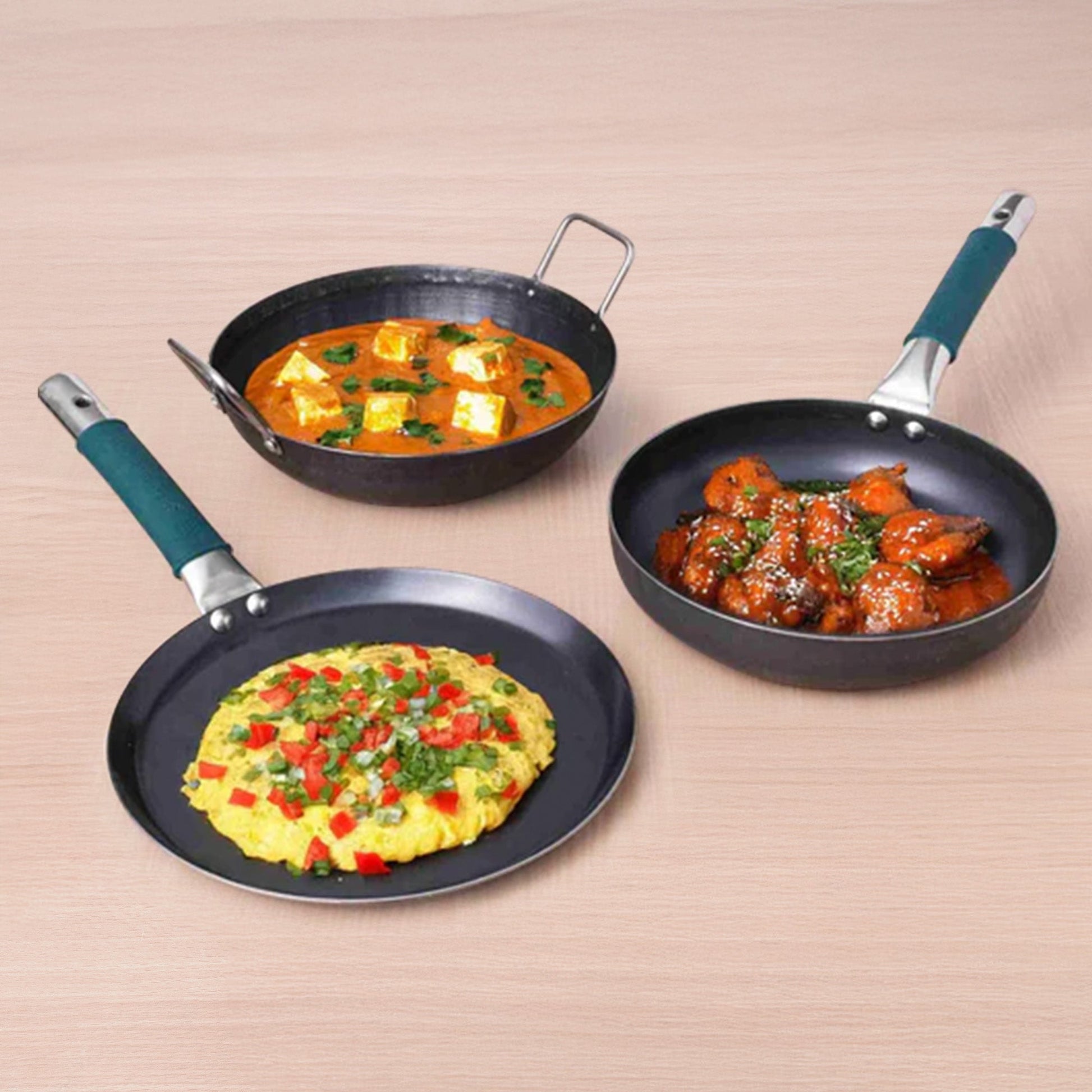 100% Pure Iron Cookware Set: Tawa 26 cm + Fry Pan 25 cm + Kadai 25 cm, Toxin-free Sheet Iron, Pre-seasoned, Kitchen Set for Home