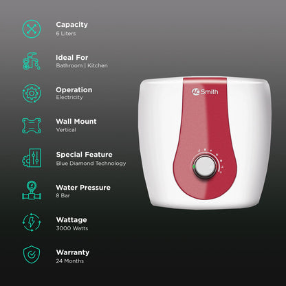 AO Smith Xpress 6 Litres 5 Star Vertical Storage Water Geyser with Glass Coated Incoloy Heating Element (White)