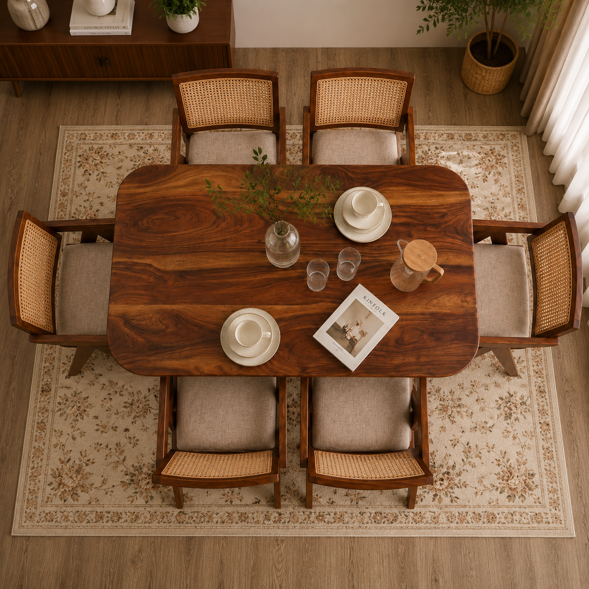 Astera Sheesham Wood 6 Seater Dining Set with Natural Cane Chairs