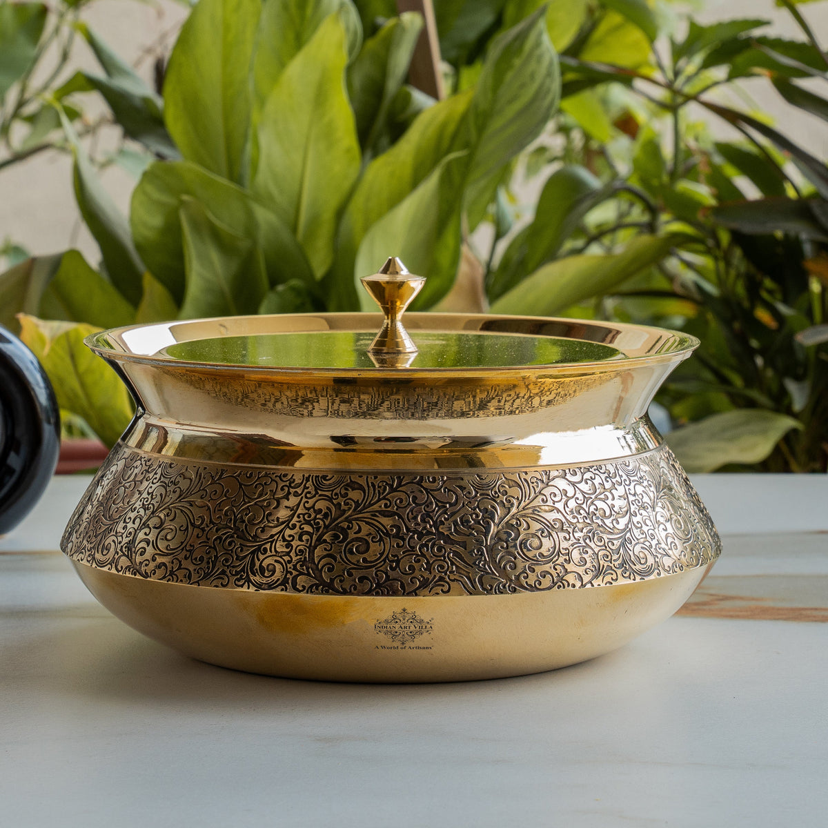 Pure Brass Handi with Lid - Embossed Floral Design Cookware