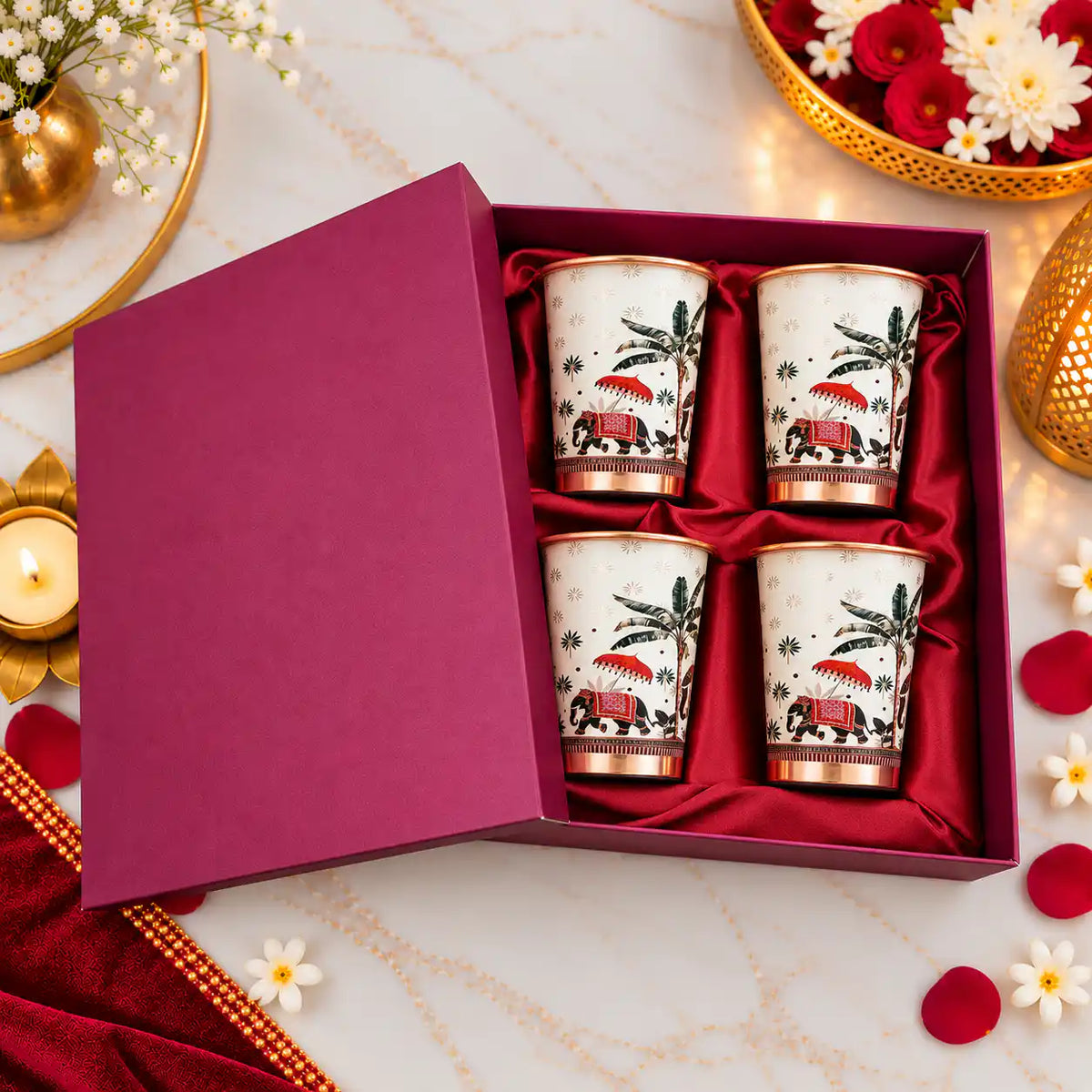 Copper Kalakriti Print Glass Set of Four With Gift Box/Hamper (3.5 Inch)
