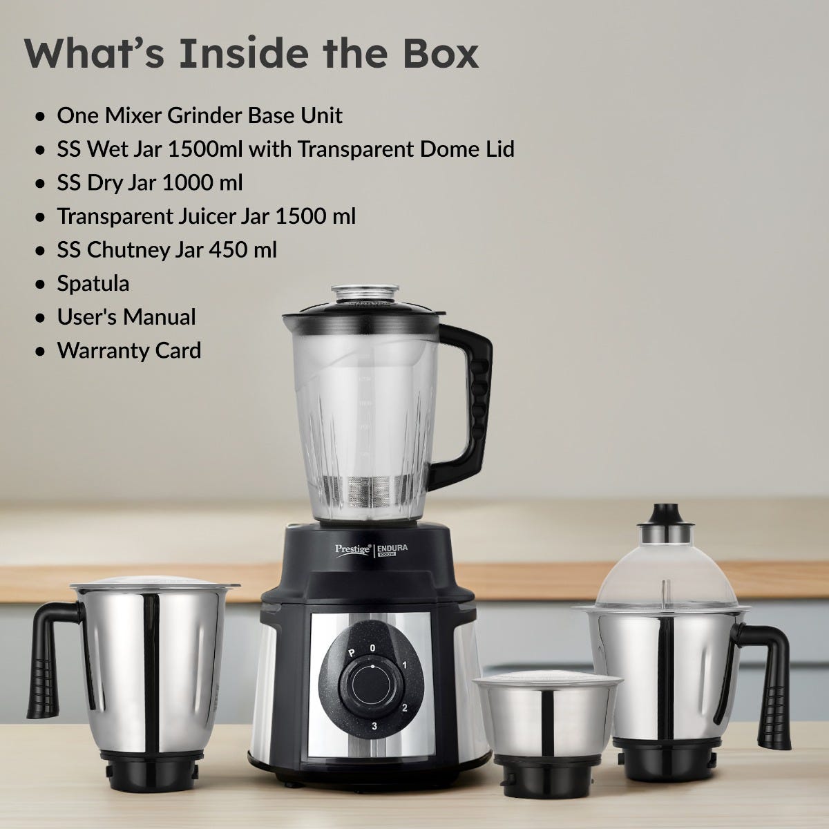 Prestige Endura 1000W 4 Jar Mixer Grinder: 3 SS Jars + 1 Juicer Jar, Ball Bearing Copper Motor, SS Blades, Black, 5Y Motor Warranty + Prestige 1.5L PMC 3.0 Plus Multi Kettle / Multi Cooker