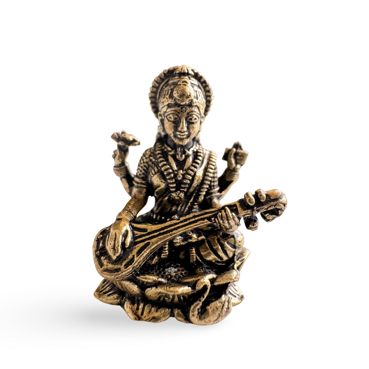Pure Brass Miniature Saraswati Ji Murti Sitting On Lotus - 2.54 cm