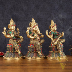 15-Inch Brass Ganesha, Lakshmi, and Saraswati Idols on Lotus Base | Divine Trio