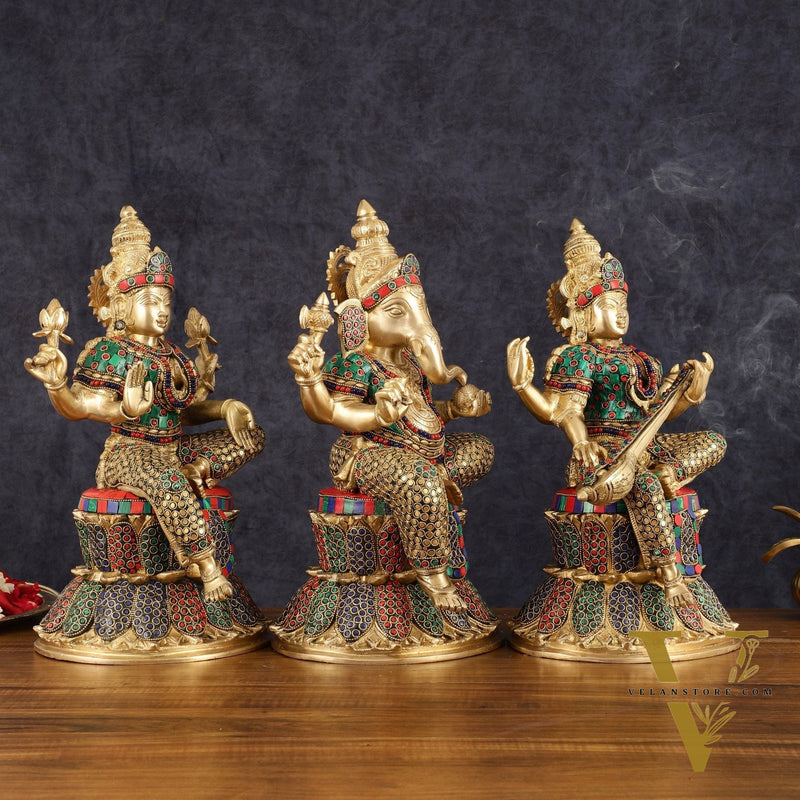 15-Inch Brass Ganesha, Lakshmi, and Saraswati Idols on Lotus Base | Divine Trio
