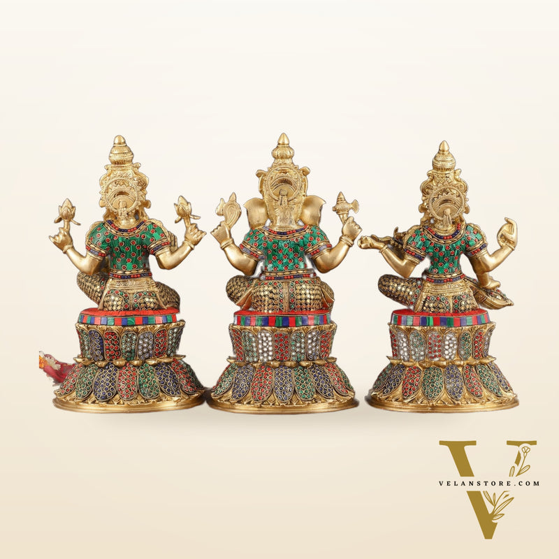 15-Inch Brass Ganesha, Lakshmi, and Saraswati Idols on Lotus Base | Divine Trio