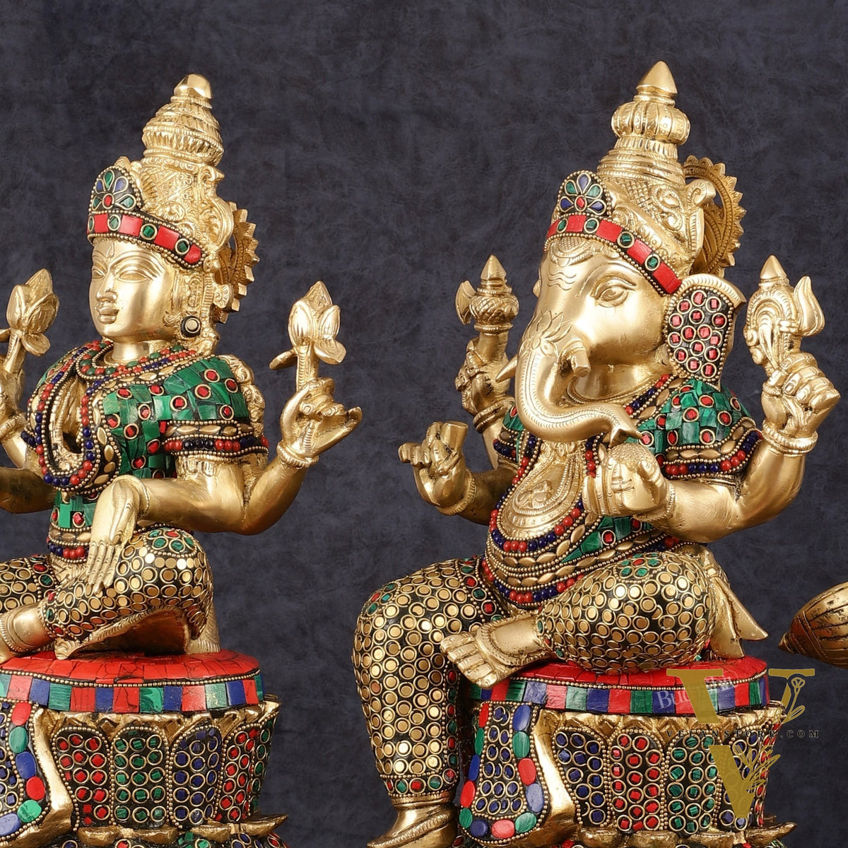 15-Inch Brass Ganesha, Lakshmi, and Saraswati Idols on Lotus Base | Divine Trio