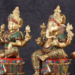 15-Inch Brass Ganesha, Lakshmi, and Saraswati Idols on Lotus Base | Divine Trio