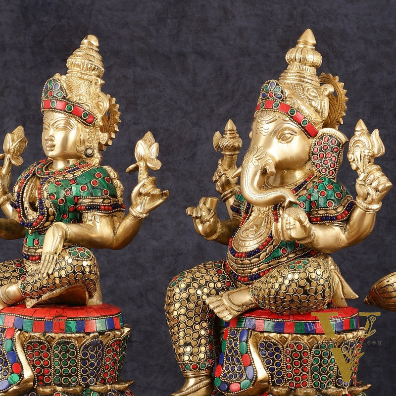 15-Inch Brass Ganesha, Lakshmi, and Saraswati Idols on Lotus Base | Divine Trio