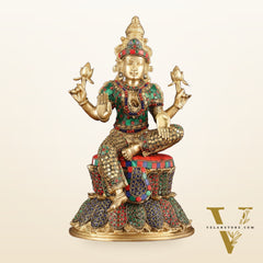 15-Inch Brass Ganesha, Lakshmi, and Saraswati Idols on Lotus Base | Divine Trio