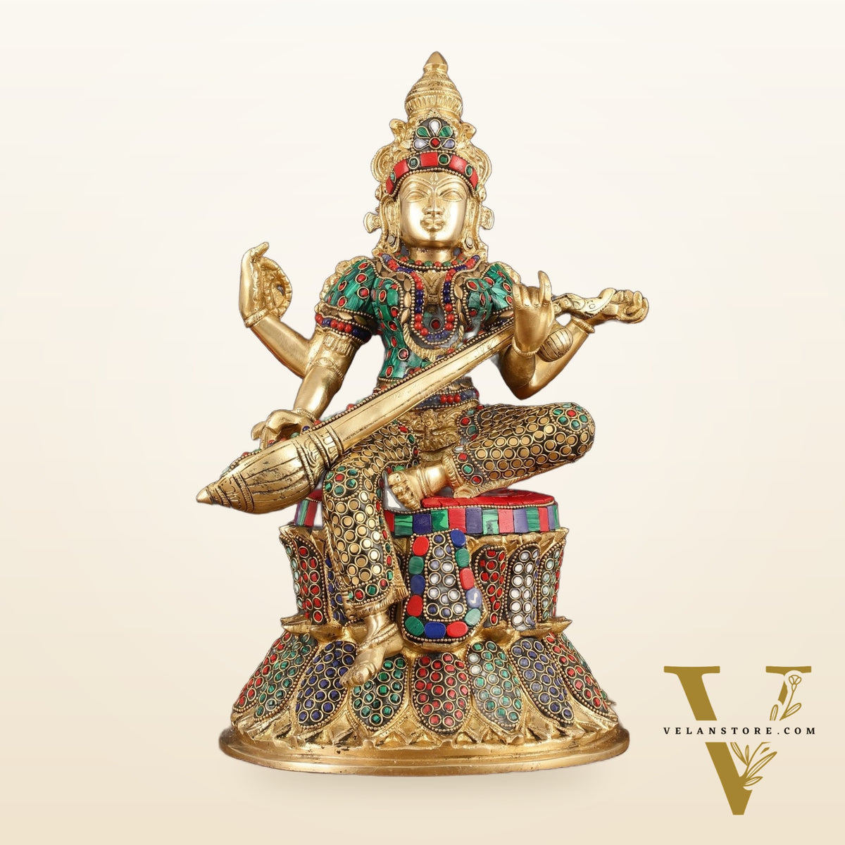 15-Inch Brass Ganesha, Lakshmi, and Saraswati Idols on Lotus Base | Divine Trio