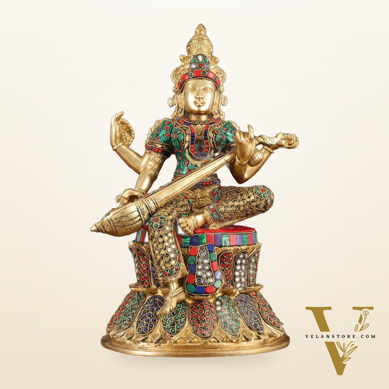 15-Inch Brass Ganesha, Lakshmi, and Saraswati Idols on Lotus Base | Divine Trio