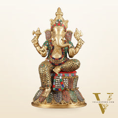15-Inch Brass Ganesha, Lakshmi, and Saraswati Idols on Lotus Base | Divine Trio