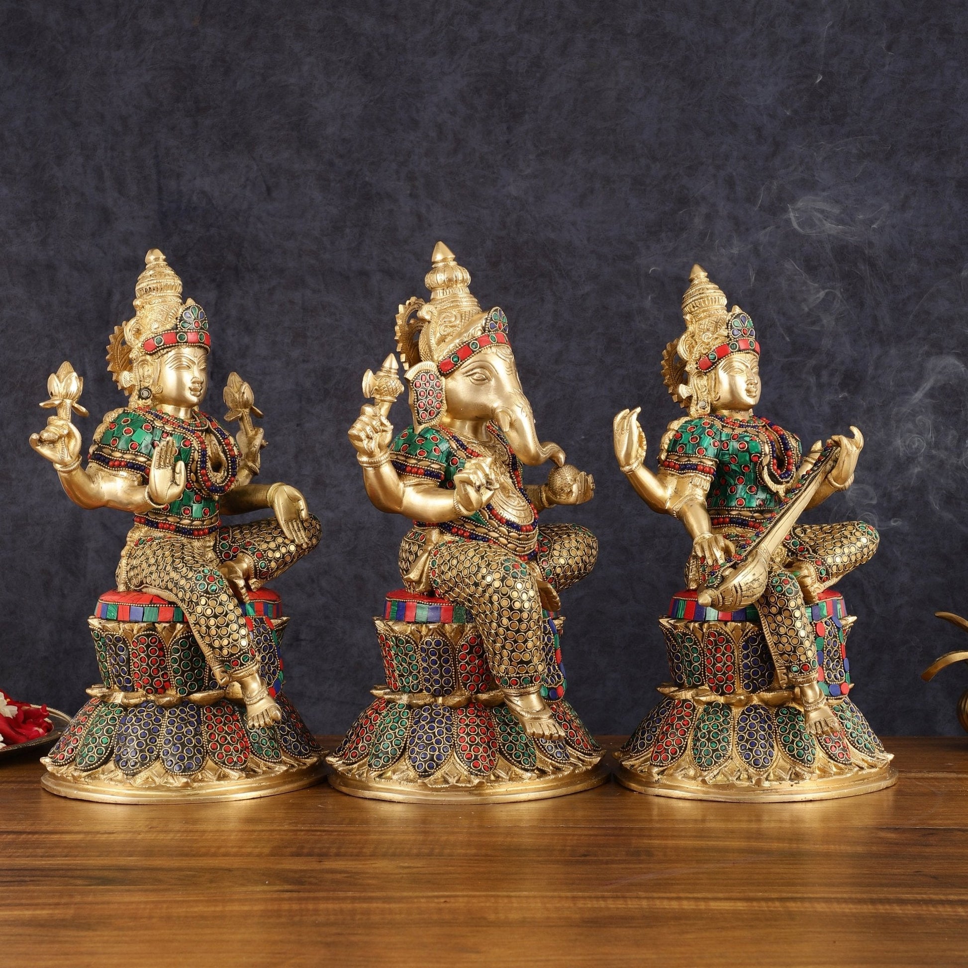15-Inch Brass Ganesha, Lakshmi, and Saraswati Idols on Lotus Base | Divine Trio