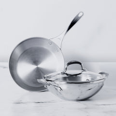 Meyer Select Stainless Steel Frypan + Kadhai/Wok 3-Piece cookware Set with Interchangeable Lid (Induction & Gas Compatible)