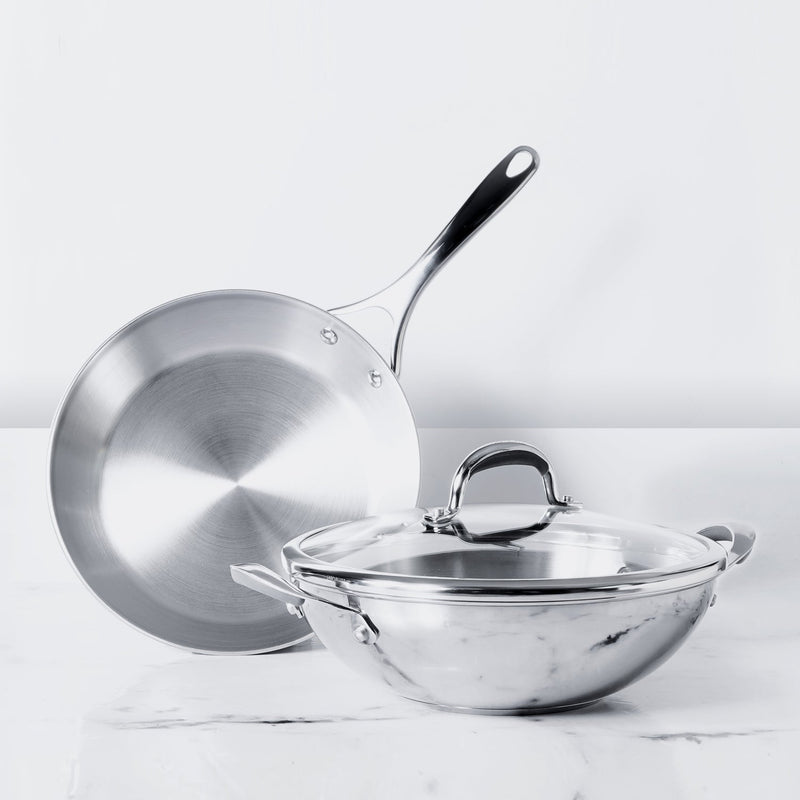Meyer Select Stainless Steel Frypan and Wok with Lid 3-Piece Cookware Set