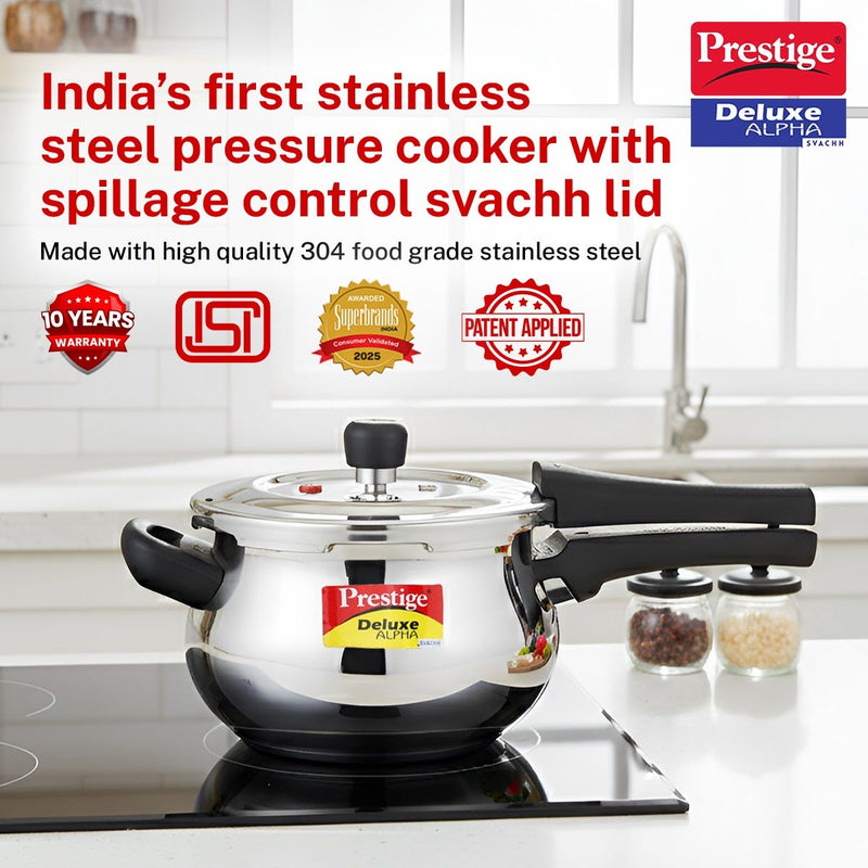 Prestige 3 Litre Stainless Steel Deluxe Alpha Svachh Outer Lid Mini Handi Pressure Cooker, Triply Base, Gas & Induction Compatible + Prestige Omega Deluxe Granite Non-stick Omni Tawa, 25 cm, Black
