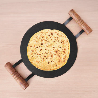 100% Pure Round Iron Tawa With Wooden Handle, Toxin-free Sheet Iron, Pre-Seasoned, Induction & Gas, 11/12 In, 2.74/3.22 Kg