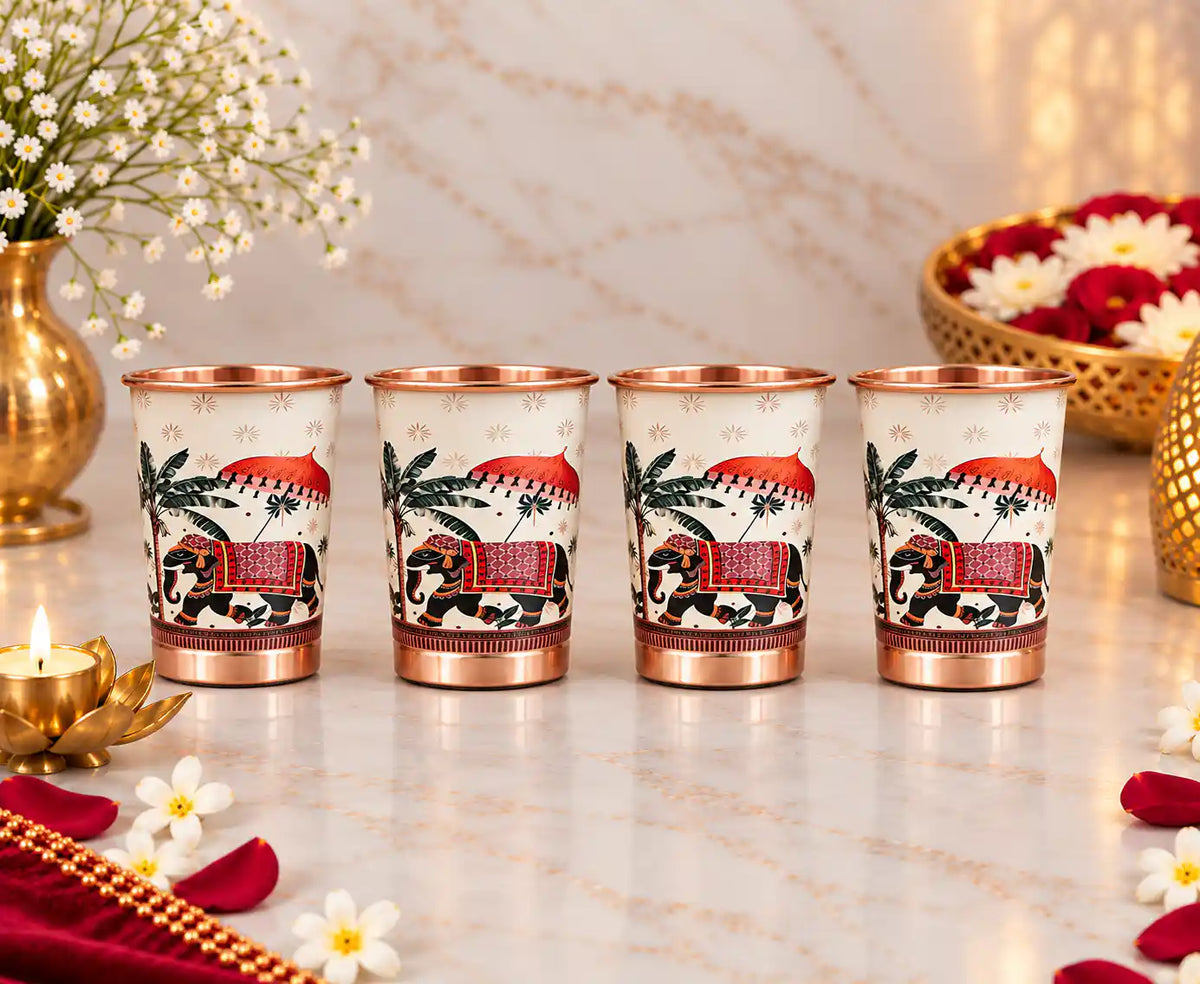 Copper Kalakriti Print Glass Set of Four With Gift Box/Hamper (3.5 Inch)