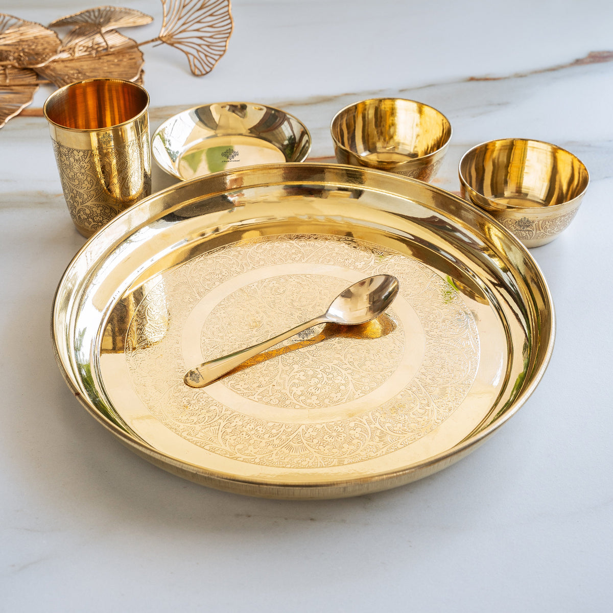 Brass Embossed Design Thali Set - Gold Dining & Gifting Set