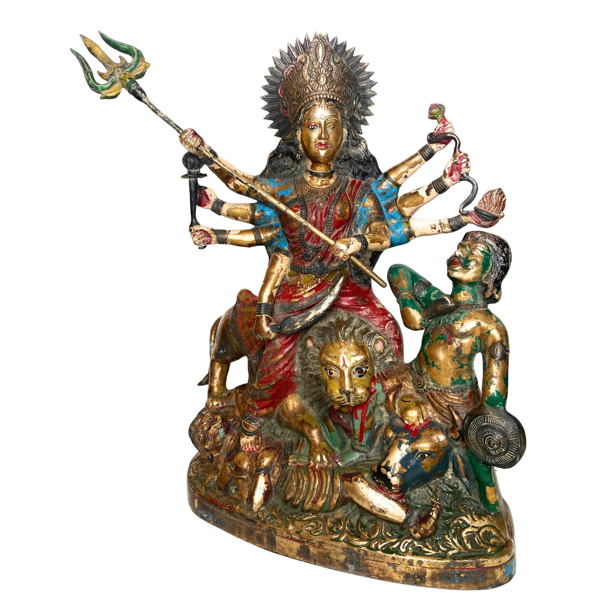 Brass Mahishasura Mardini Idol | Simhavahini Durga Devi Murti for Home Temple, Navratri Puja & Decor,Multicolor, 21.5 Inch, 1 Piece