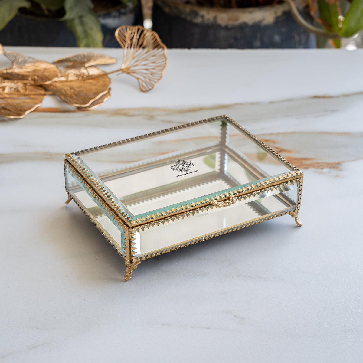 Brass & Glass Decorative Box with Embossed Shine Finish