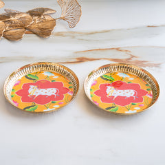 Brass Thali With Pichwai Cow Print Set Of 2