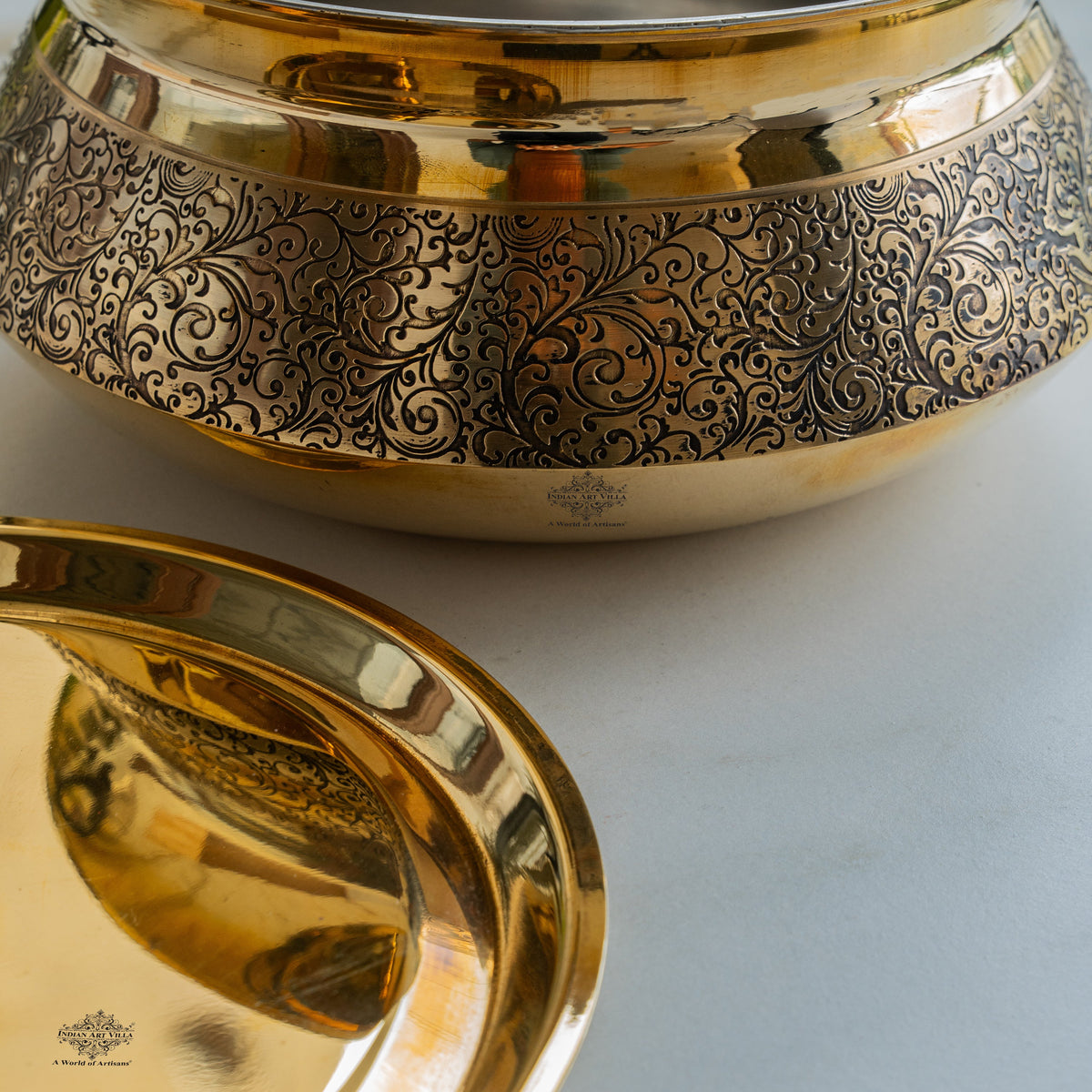 Pure Brass Handi with Lid - Embossed Floral Design Cookware