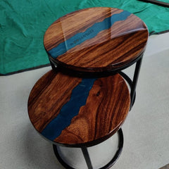 Halo Blue Resin Epoxy Solid Wood & Metal Frame Nesting Table ( Set of 2 )
