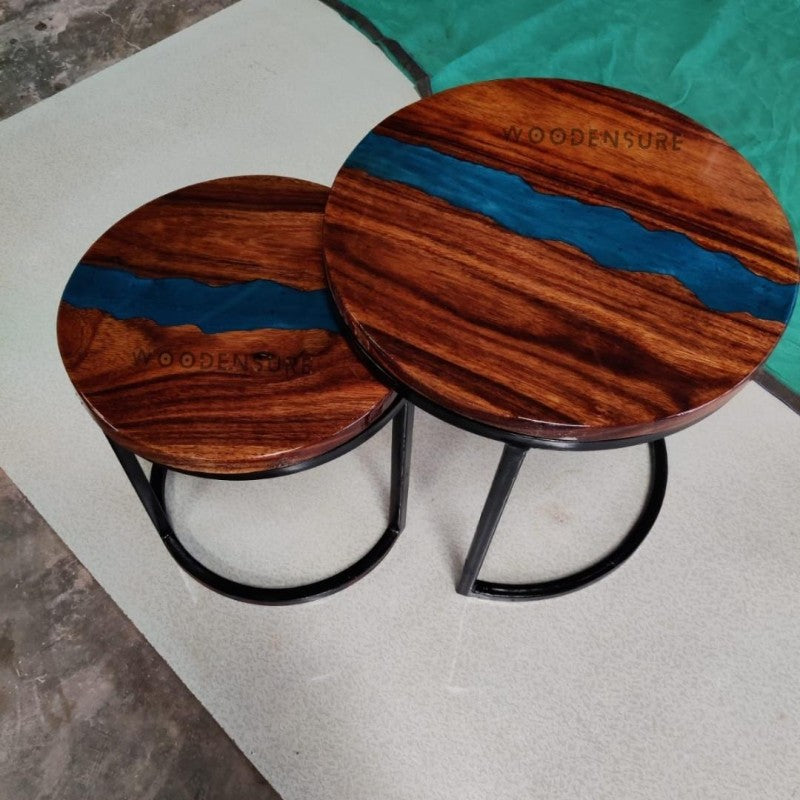 Halo Blue Resin Epoxy Solid Wood & Metal Frame Nesting Table ( Set of 2 )