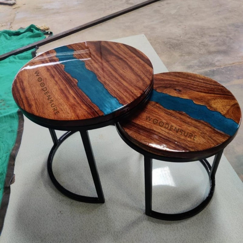 Halo Blue Resin Epoxy Solid Wood & Metal Frame Nesting Table ( Set of 2 )