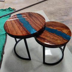 Halo Blue Resin Epoxy Solid Wood & Metal Frame Nesting Table ( Set of 2 )