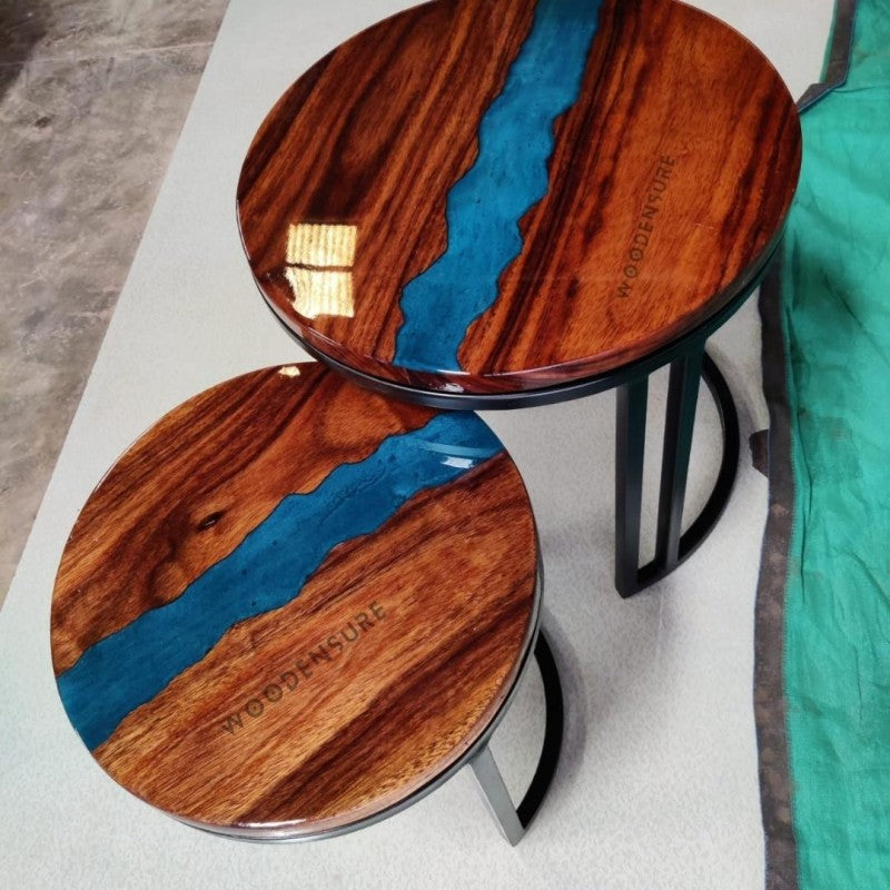 Halo Blue Resin Epoxy Solid Wood & Metal Frame Nesting Table ( Set of 2 )