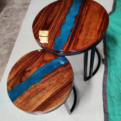 Halo Blue Resin Epoxy Solid Wood & Metal Frame Nesting Table ( Set of 2 )