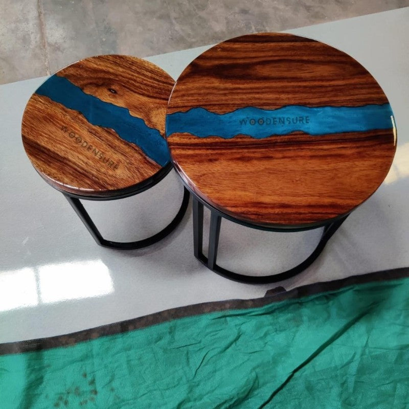 Halo Blue Resin Epoxy Solid Wood & Metal Frame Nesting Table ( Set of 2 )