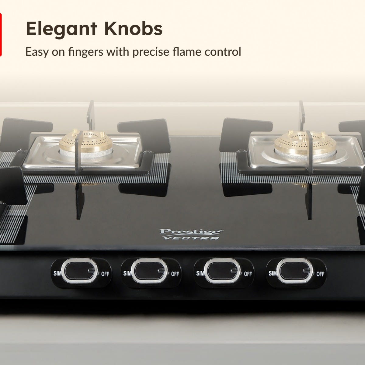 Prestige Vectra 4 Burner Glass Top Gas Stove, Toughened Glass, Jumbo Brass Burner, Black + Prestige 3 Litre TRIPLY Svachh Inner Lid Pressure Cooker, Deep Lid for Spillage Control, Gas & Induction, ISI