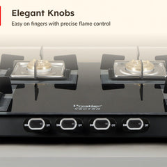 Prestige Vectra 4 Burner Glass Top Gas Stove, Toughened Glass, Jumbo Brass Burner, Black + Prestige 3 Litre TRIPLY Svachh Inner Lid Pressure Cooker, Deep Lid for Spillage Control, Gas & Induction, ISI