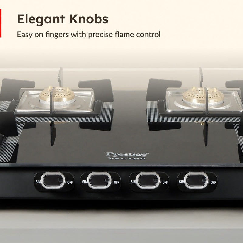Prestige Vectra 4 Burner Glass Top Gas Stove, Toughened Glass, Jumbo Brass Burner, Black + Prestige 3 Litre TRIPLY Svachh Inner Lid Pressure Cooker, Deep Lid for Spillage Control, Gas & Induction, ISI