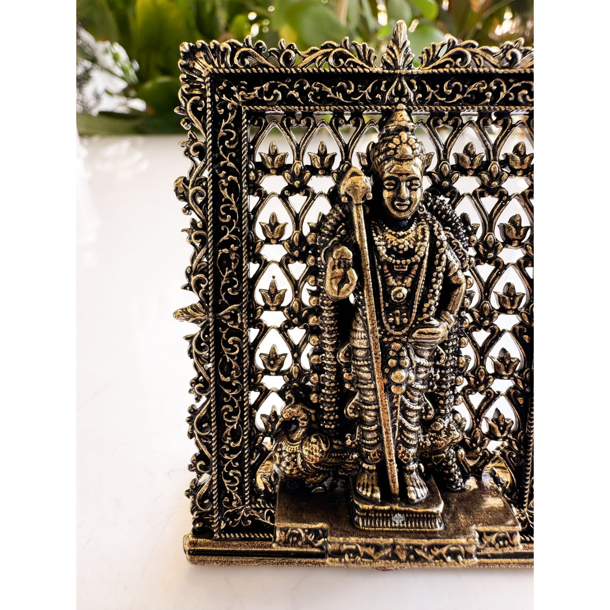 Pure Brass Miniature Murugan Ji Murti with Ornate Border - 7.37 cm