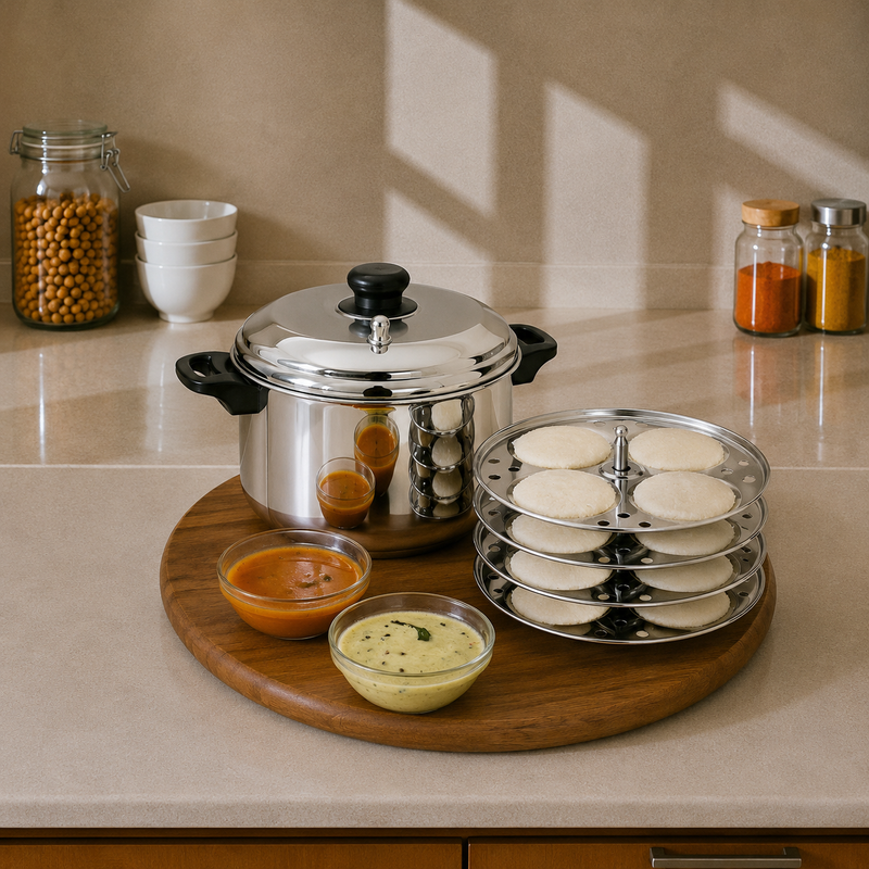 Praylady Elite Stainless Steel Idli Cooker with Sandwich Bottom and Whistle 16 Idli- 4 Plates, Includes Idli Lifter