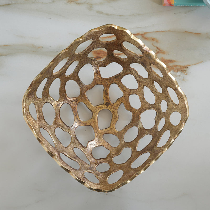 Brass Finish Hollow Design Fruit Basket,12 Inches Length