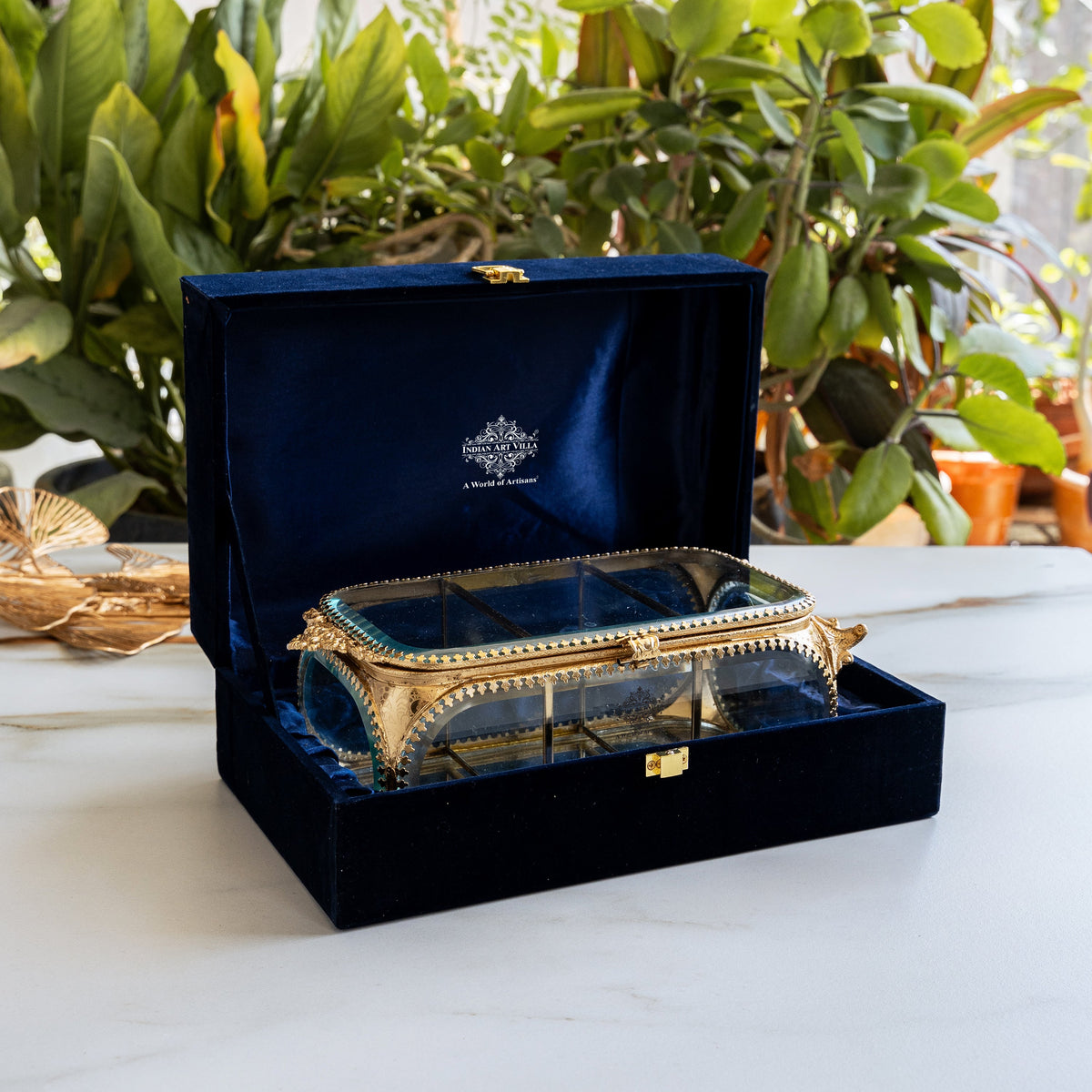Brass & Glass Embossed Mini Almirah, 3.8 Inch Decorative Box for Home Decor & Gifting
