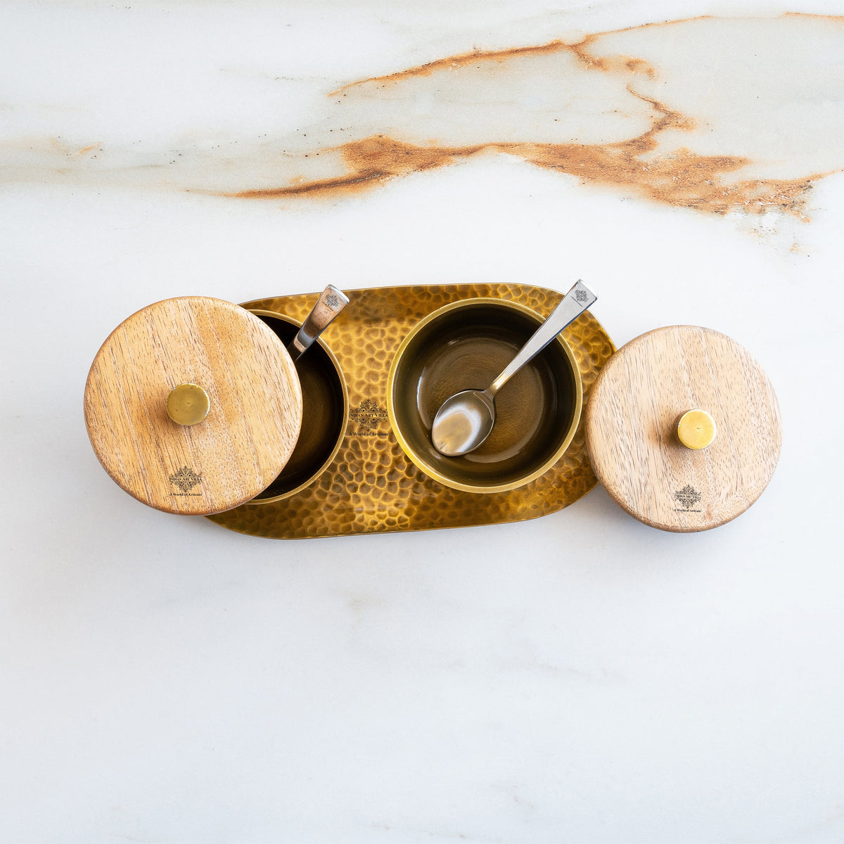 Hammered Aluminium Condiment Bowl Set with Wooden Lid & Steel Spoons