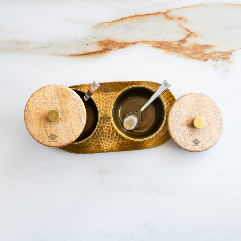 Hammered Aluminium Condiment Bowl Set with Wooden Lid & Steel Spoons