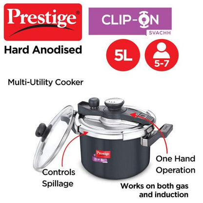 Prestige Clip-on Svachh Hard Anodised Spillage Control Pressure Cooker, 5 L (Black)