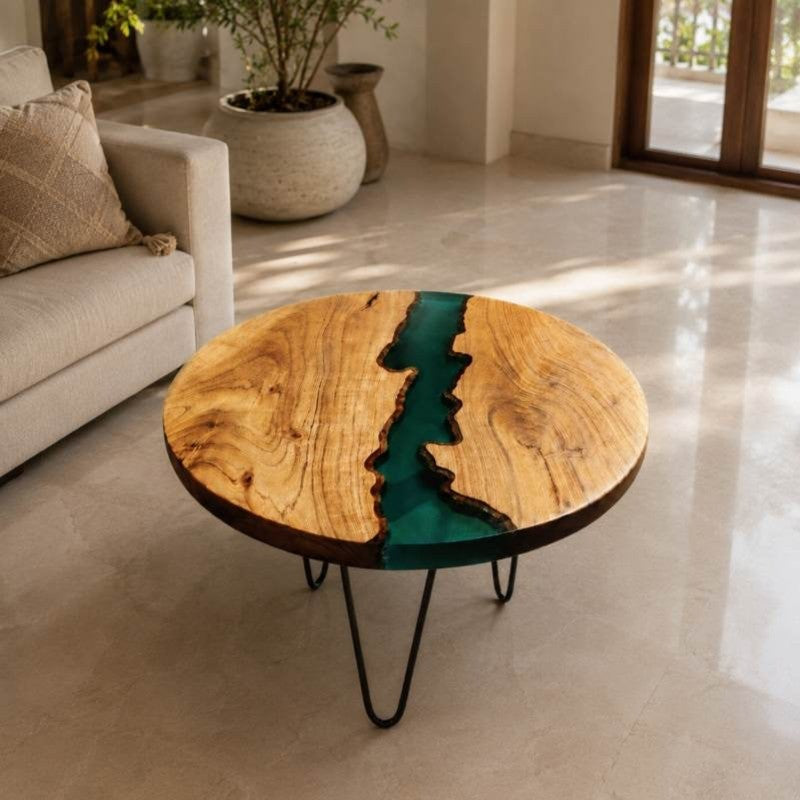 Aqua Line Blue Epoxy Resin River & Solid Wood Center Table