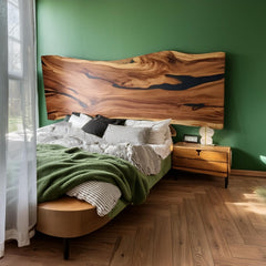 Live Edge Epoxy Resin Wood Headboard | Wall Mounted headboard Design | Black Epoxy Resin Headboard | Unique Bed Headboard Design