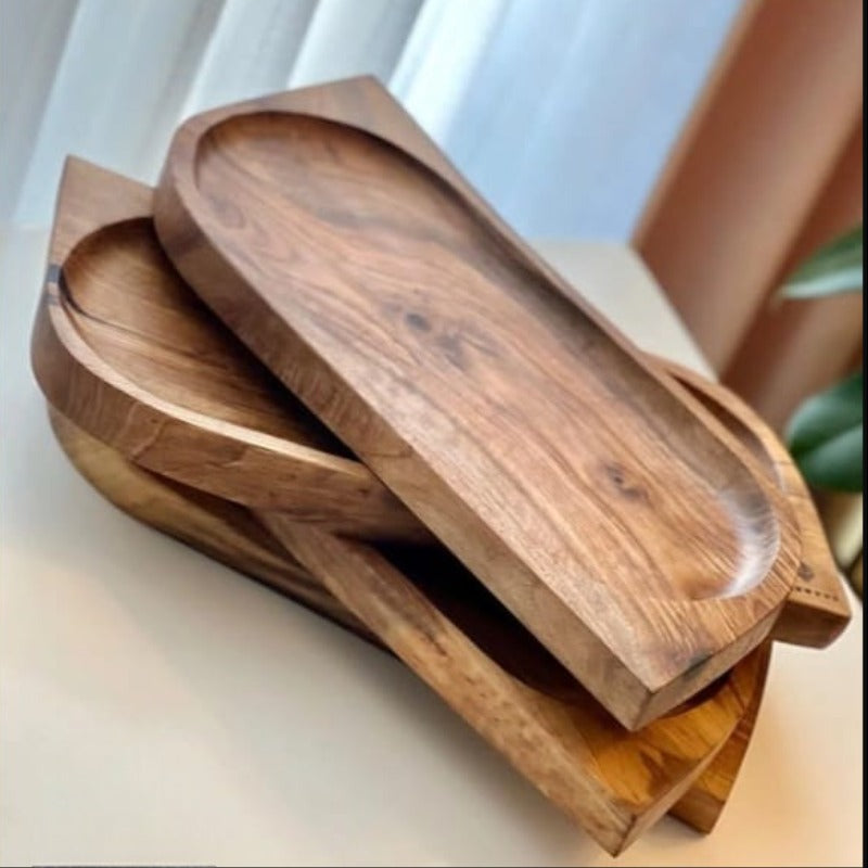 Wooden Serving Platter Set of 2 | Wood Platter | Acacia Wood Tray Set | Wooden Platter